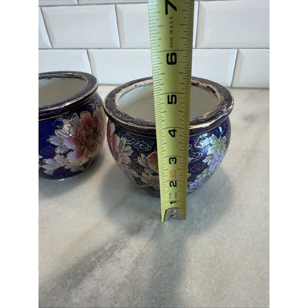 Set Of 2 Lemax Ceramic Flower Pot Vase blue pink Floral GardenGold Gilt 4